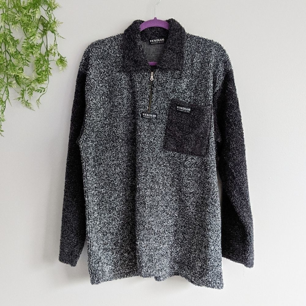 (TexClub) Black Gray Sweater 1/4 Zip Pocket XL